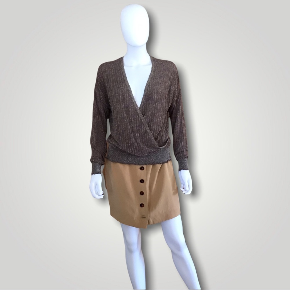 Line & Dot Brown Metallic Long Sleeve Wrap Top